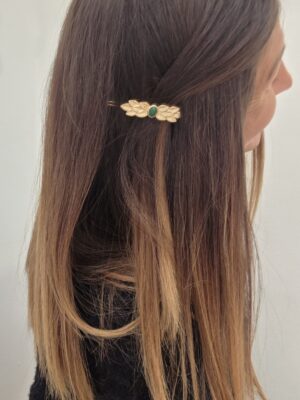 Barrette feuilles pierre laiton doré