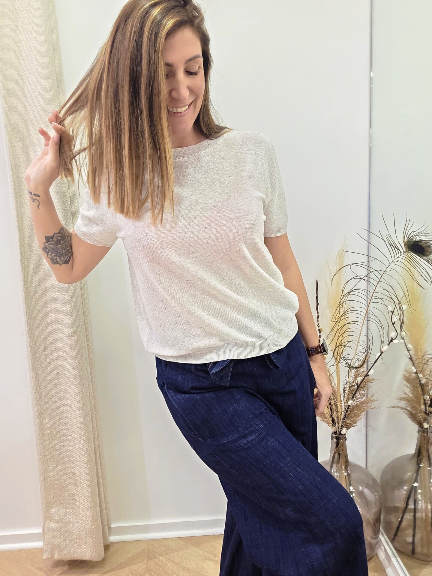 Pull Felicea beige moucheté léger manches courtes