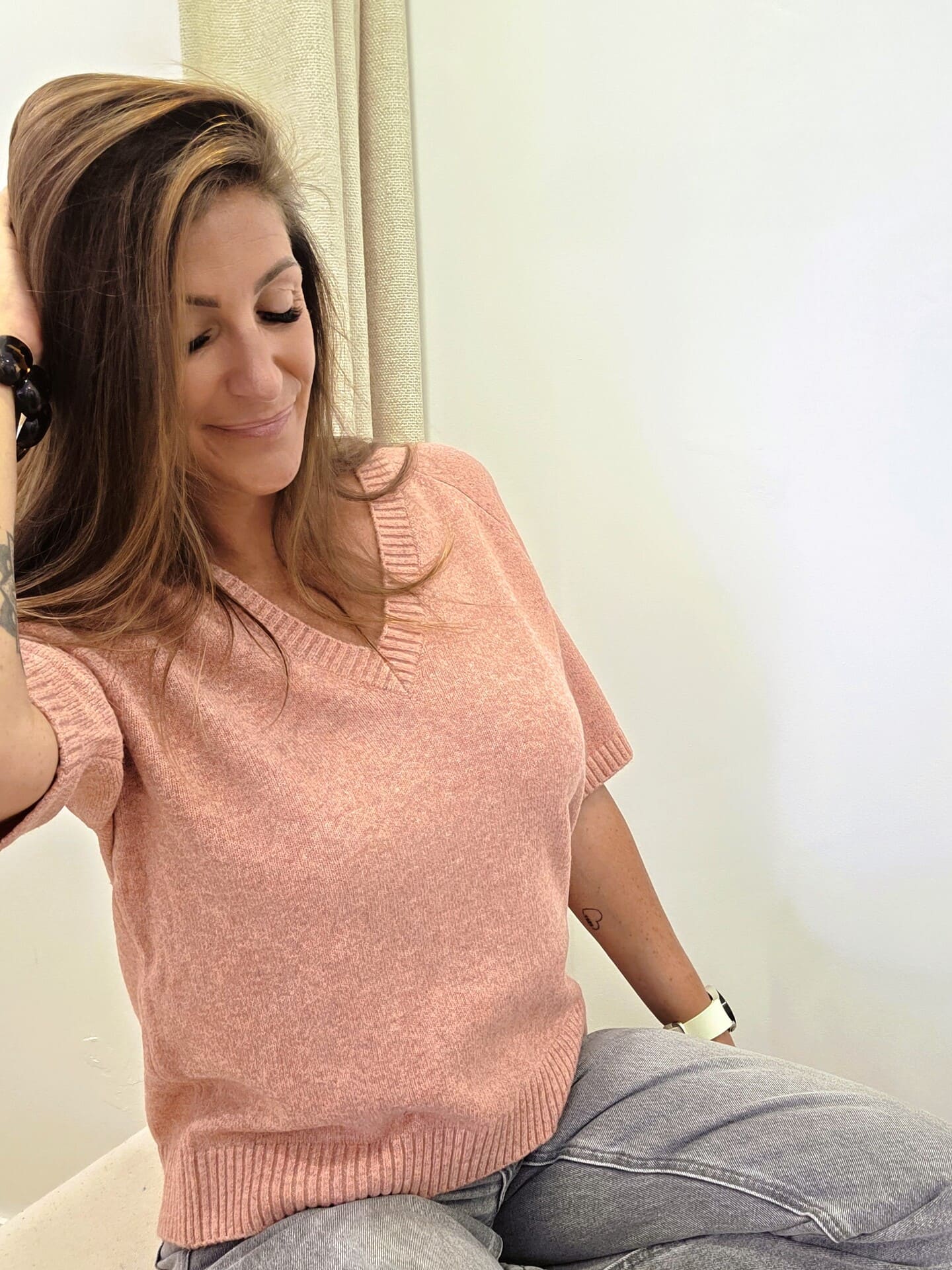 Pull Jaden rose chiné à manches courtes