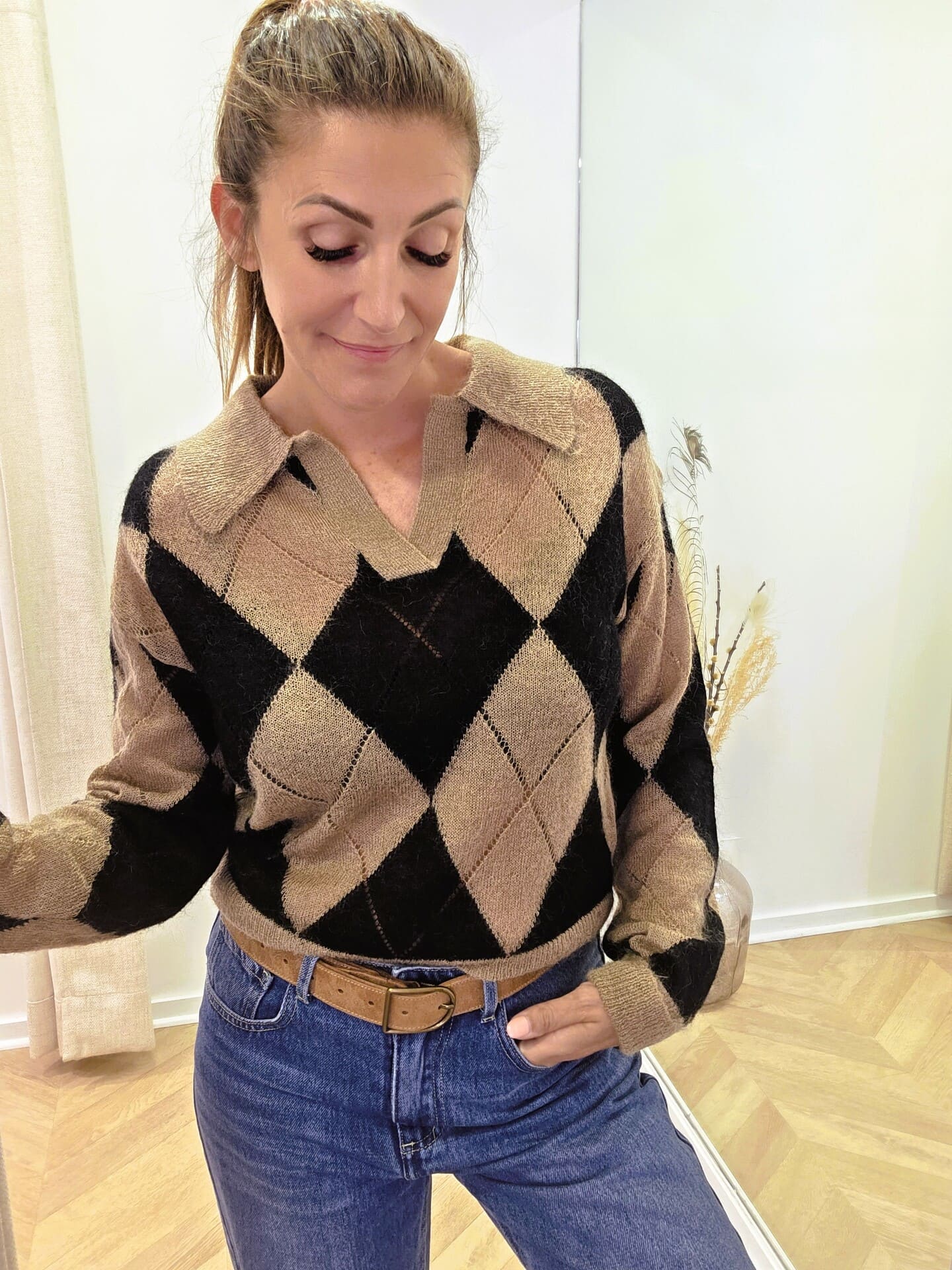 Pull à damiers Fleline taupe et noir